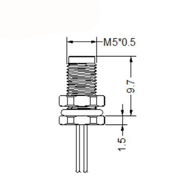 M5 3pins A code male straight front panel mount connector,unshielded,single wires,26AWG 0.14mm²,brass with nickel plated shell